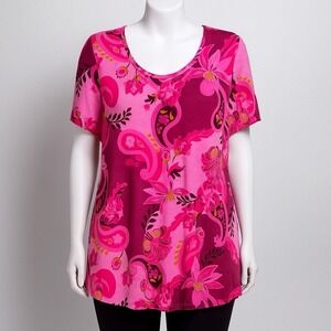 JM Collection 2X Shirt Top Pink Paisley Short Sleeve Scoop Neck Stretch Knit